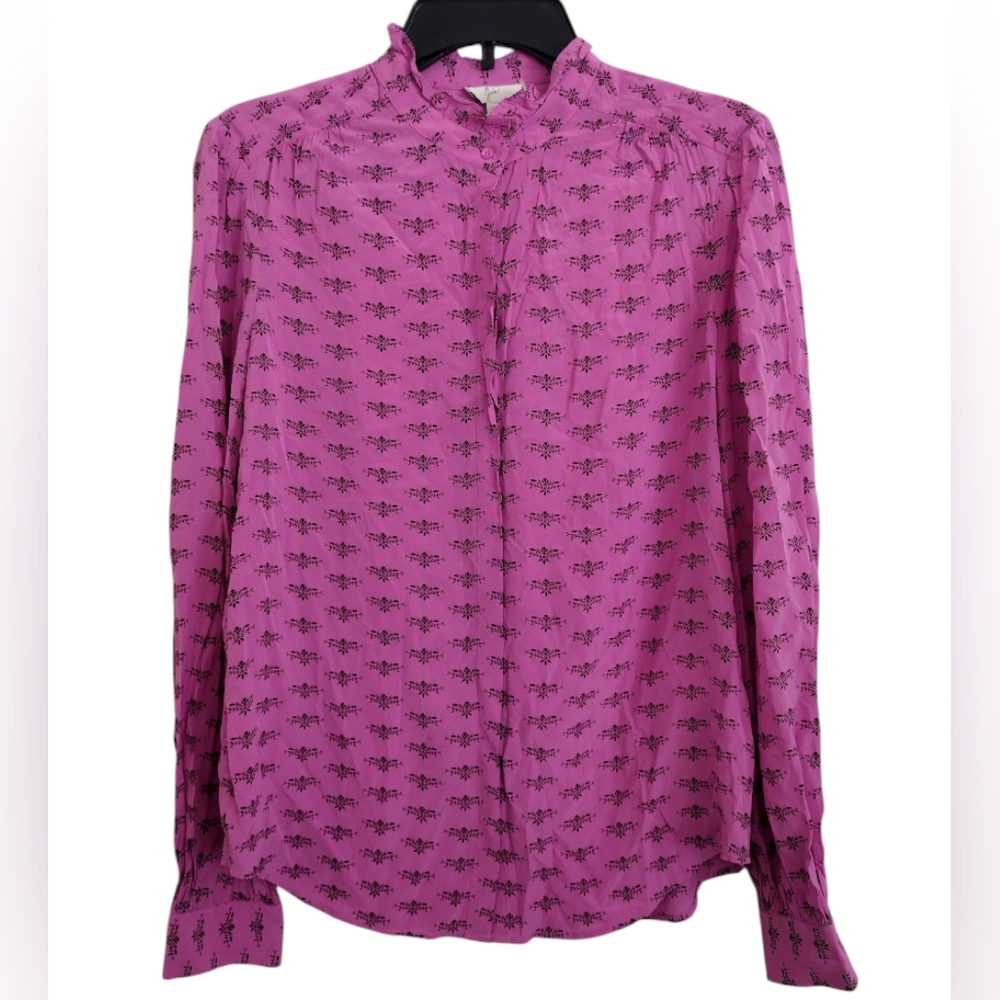Joie Pink Mintee Printed Orchid Button Down Blouse Ruffle Neck Size Small